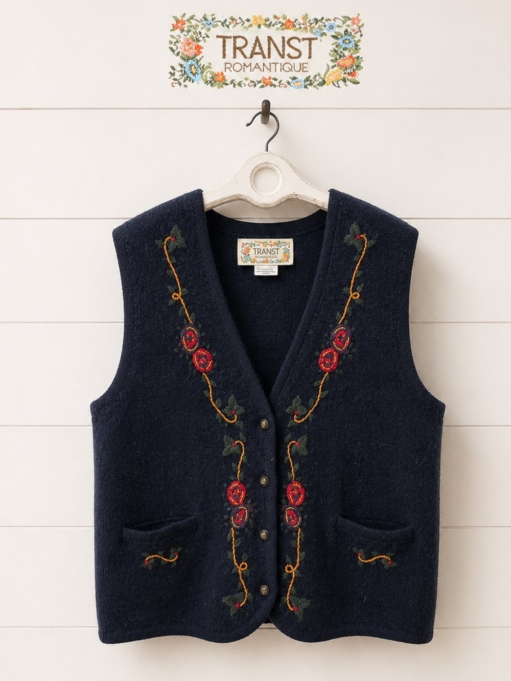 VINTAGE TRANSIT ROMANTICA Embroidered Wool Vest – Navy Blue – Size L